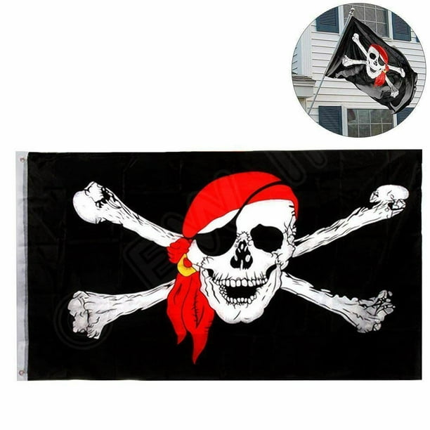 DOUBLE SIDED  2' X 3'  SKULL AND CROSSED BONES RED HAT JOLLY ROGER PIRATE FLAG